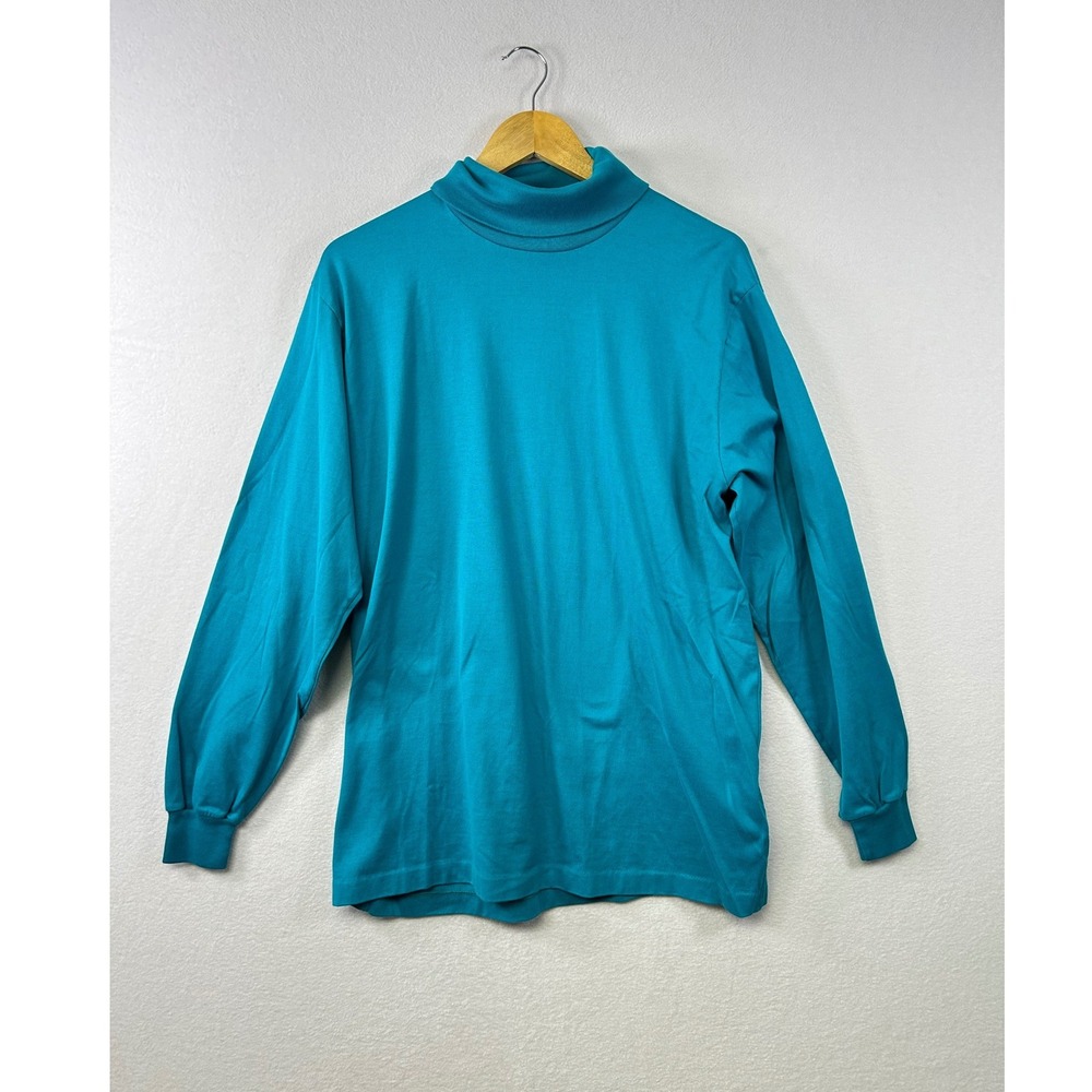 Cross Creek Vintage Teal Long Sleeve Turtleneck Top XL Cotton Lisle‎ Made in USA